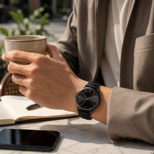 Luxury-Inspired Black Minimalist Watch – Sleek Leather Strap Wristwatch with Sunburst Dial & Date Display