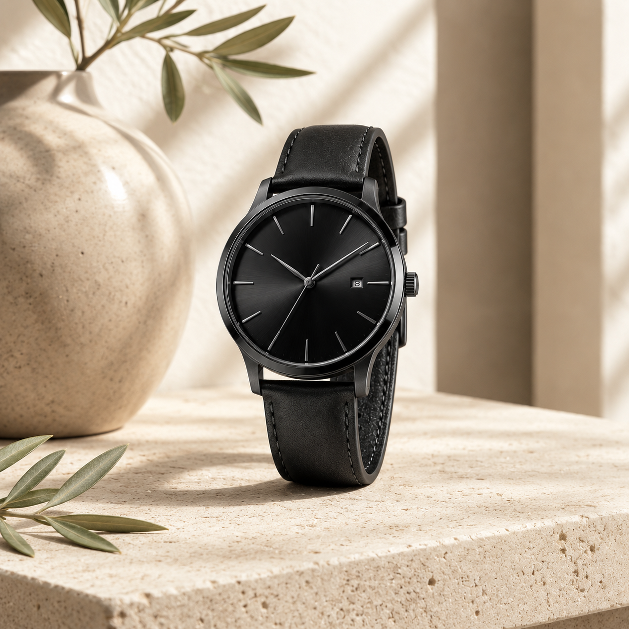 Luxury-Inspired Black Minimalist Watch – Sleek Leather Strap Wristwatch with Sunburst Dial & Date Display
