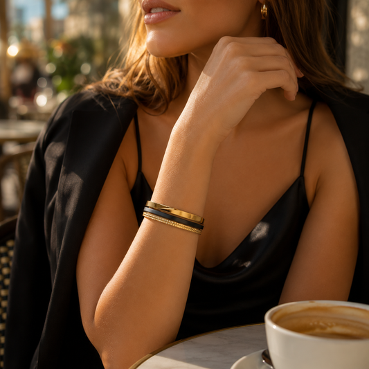 Gold & Black Layered Cuff Bracelet – Luxury-Inspired Open Bangle with Textured Statement Detail