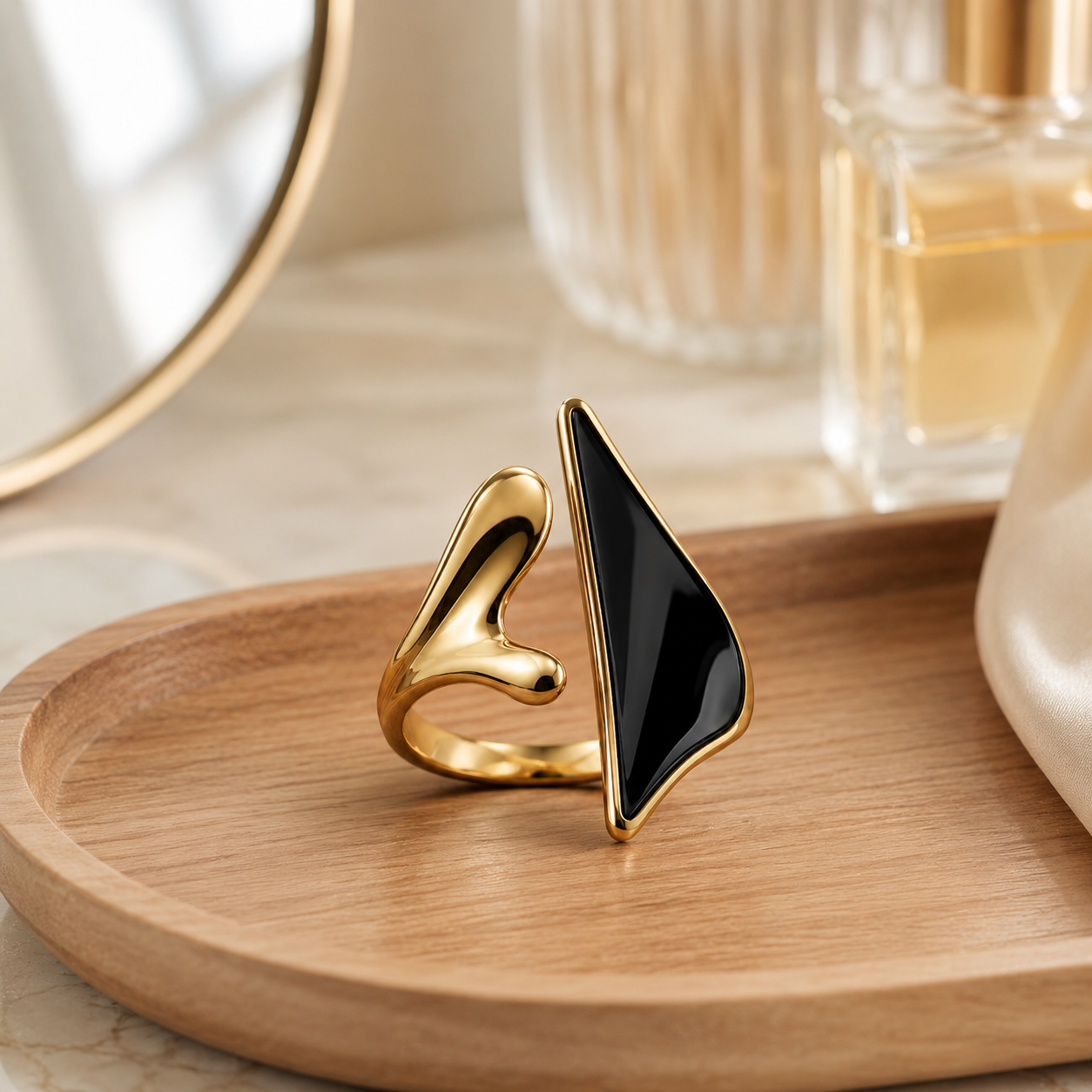 Gold & Black Sculptural Statement Ring – Modern Abstract Open Ring with Glossy Black Stone Accent