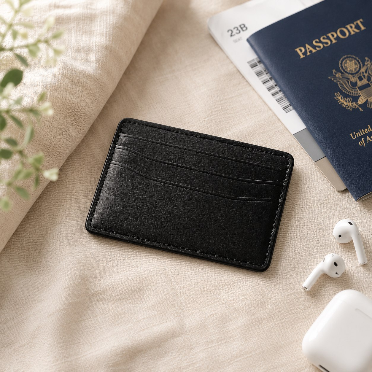 Slim Black Leather Card Holder – Minimalist Front Pocket Wallet for Travel & Everyday Carry