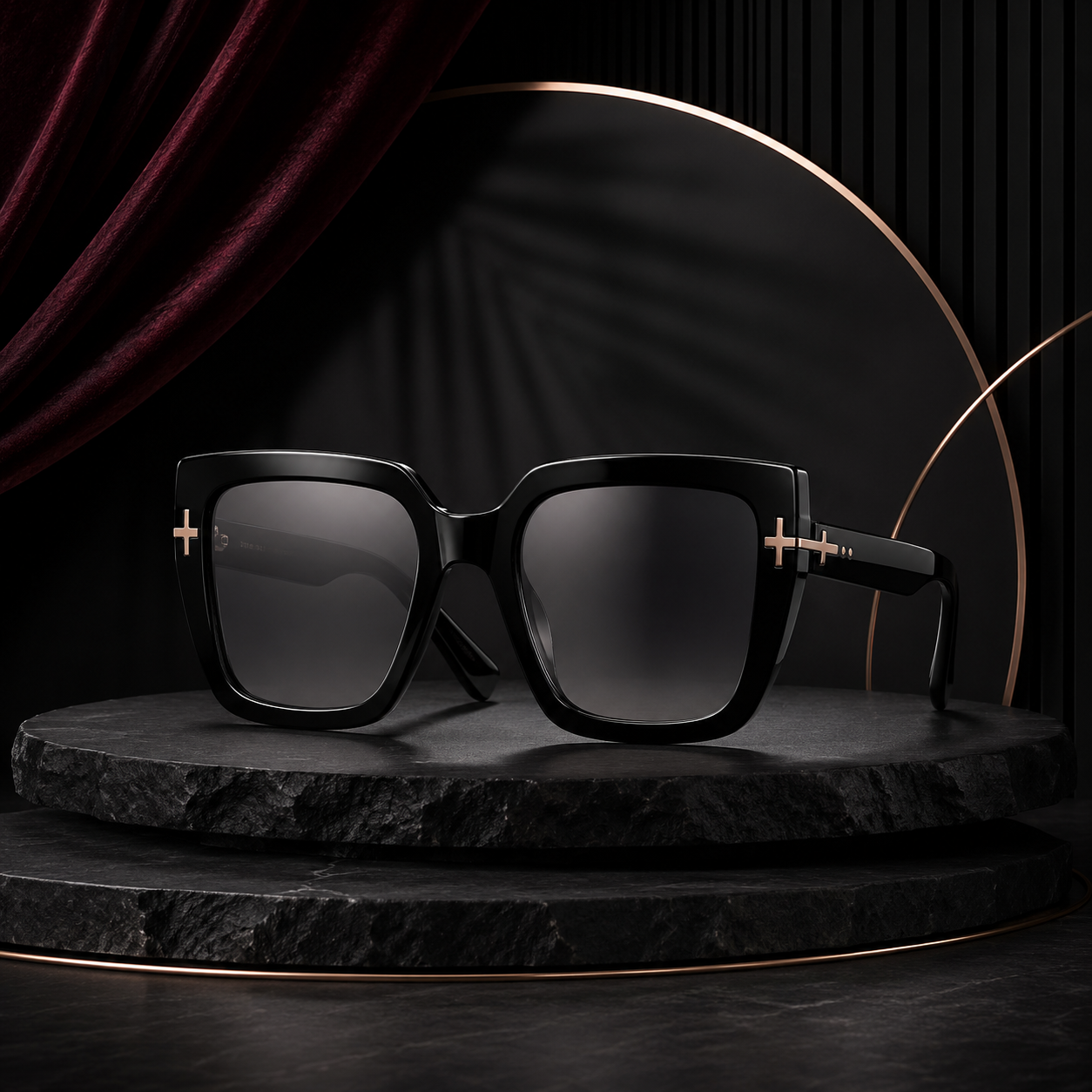 Oversized Black Luxe Sunglasses – Bold Square Frame with Gold-Tone Side Accents