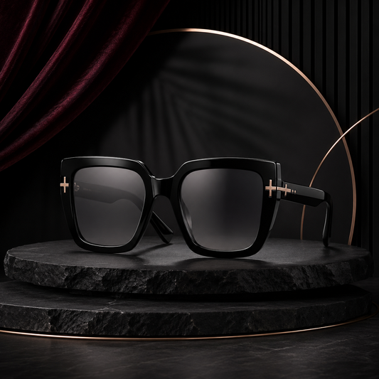 Oversized Black Luxe Sunglasses – Bold Square Frame with Gold-Tone Side Accents
