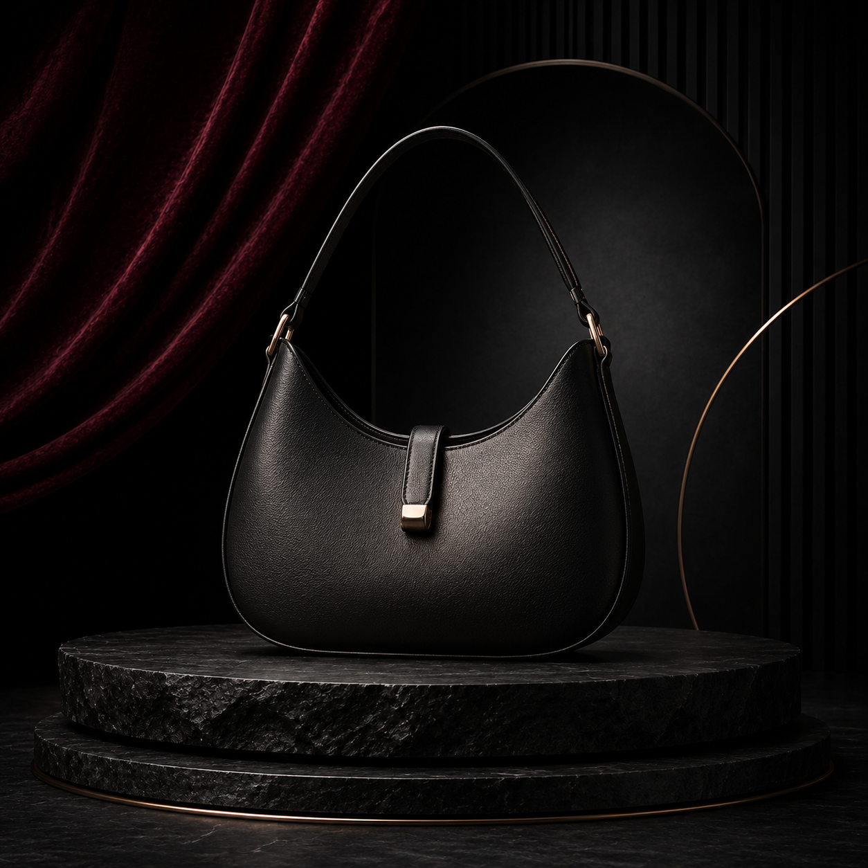 Black Crescent Shoulder Bag – Minimalist Half-Moon Purse with Gold-Tone Accent Hardware