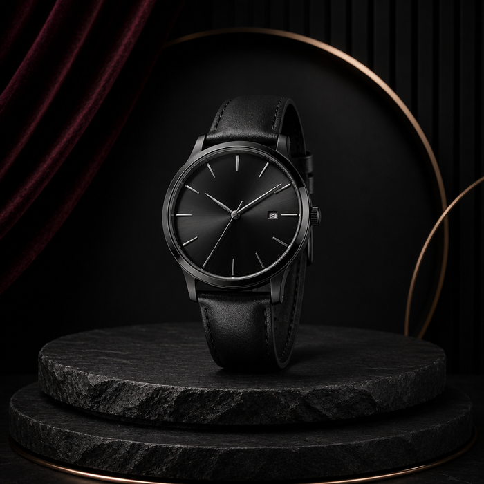 Luxury-Inspired Black Minimalist Watch – Sleek Leather Strap Wristwatch with Sunburst Dial & Date Display
