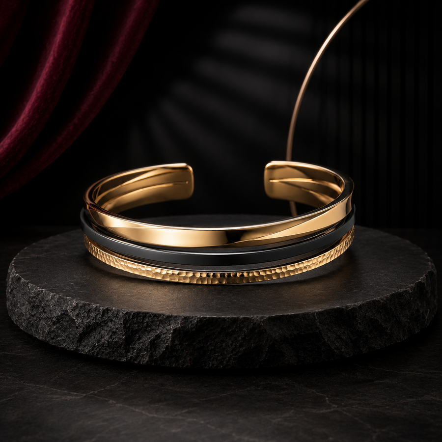 Gold & Black Layered Cuff Bracelet – Luxury-Inspired Open Bangle with Textured Statement Detail