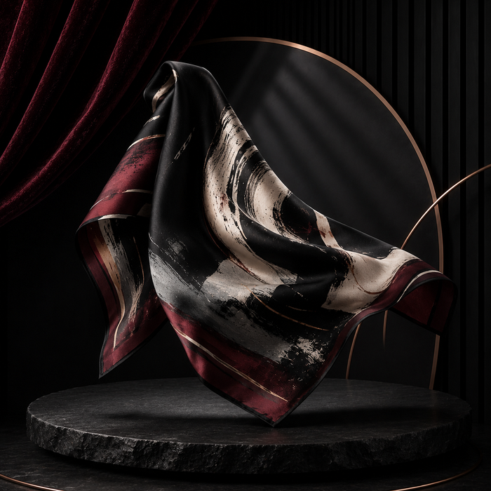 Abstract Satin Square Scarf – Black Burgundy & Cream Printed Neck Scarf for Chic Everyday Styling