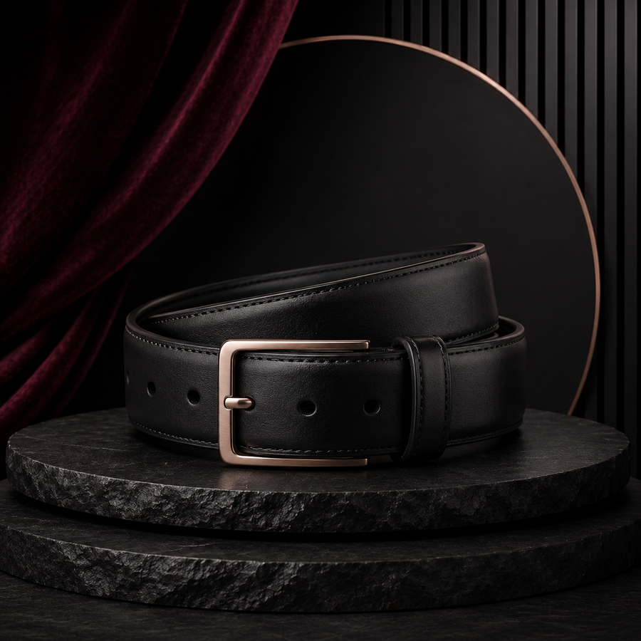 Black Leather-Look Everyday Belt – Minimalist Waist Belt with Rose Gold-Tone Buckle for Polished Casual & Dress Styling