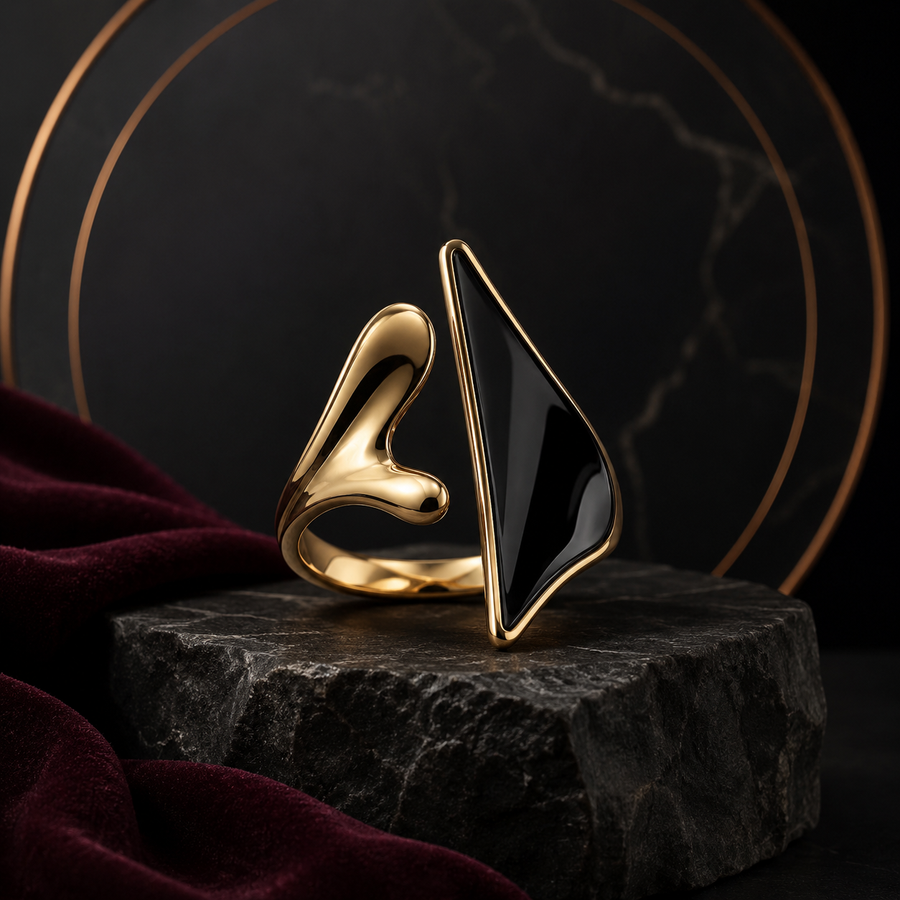 Gold & Black Sculptural Statement Ring – Modern Abstract Open Ring with Glossy Black Stone Accent
