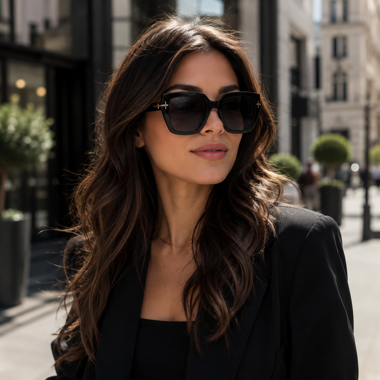 Oversized Black Luxe Sunglasses – Bold Square Frame with Gold-Tone Side Accents