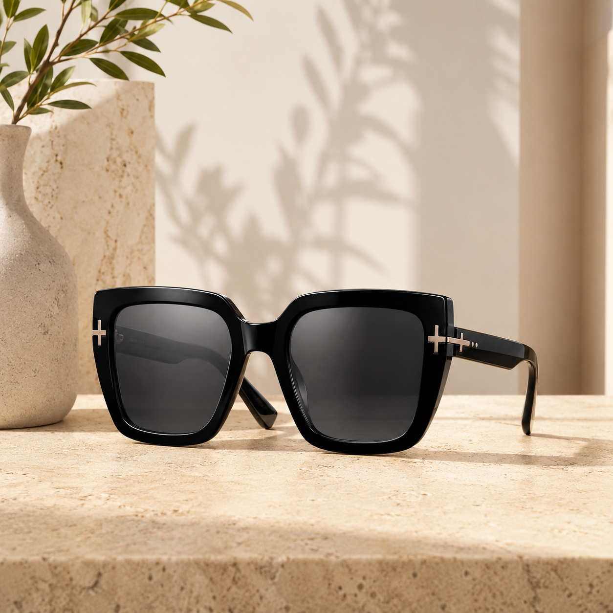 Oversized Black Luxe Sunglasses – Bold Square Frame with Gold-Tone Side Accents