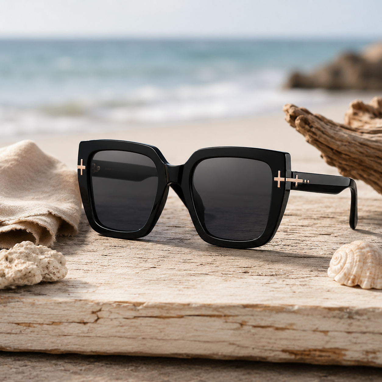 Oversized Black Luxe Sunglasses – Bold Square Frame with Gold-Tone Side Accents