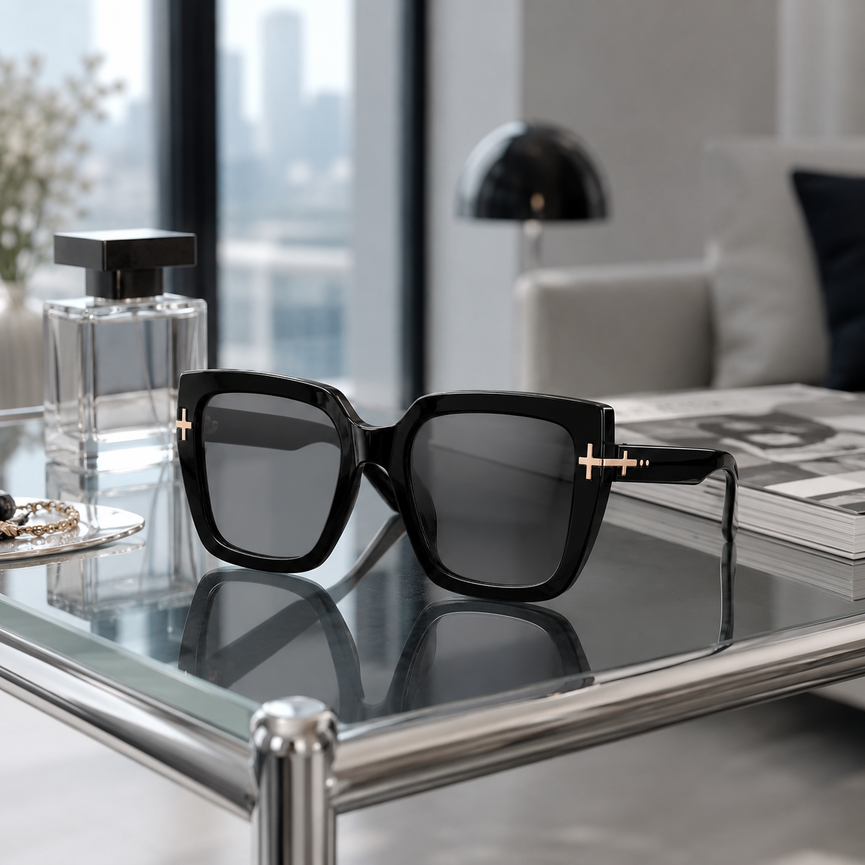 Oversized Black Luxe Sunglasses – Bold Square Frame with Gold-Tone Side Accents