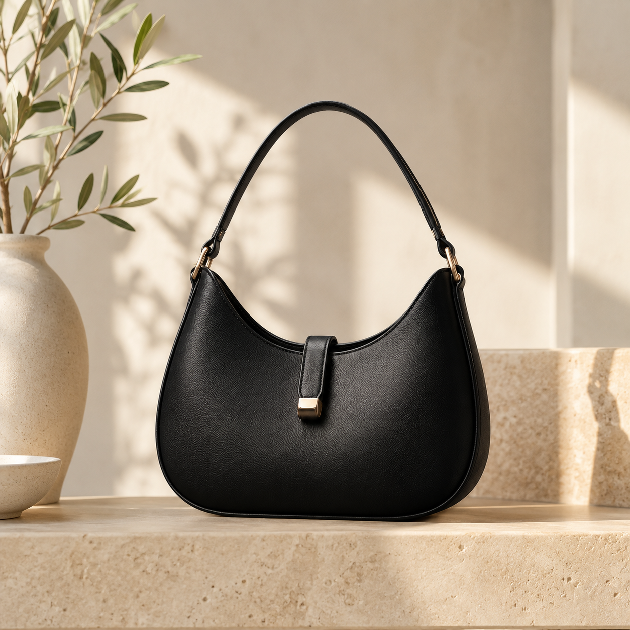 Black Crescent Shoulder Bag – Minimalist Half-Moon Purse with Gold-Tone Accent Hardware