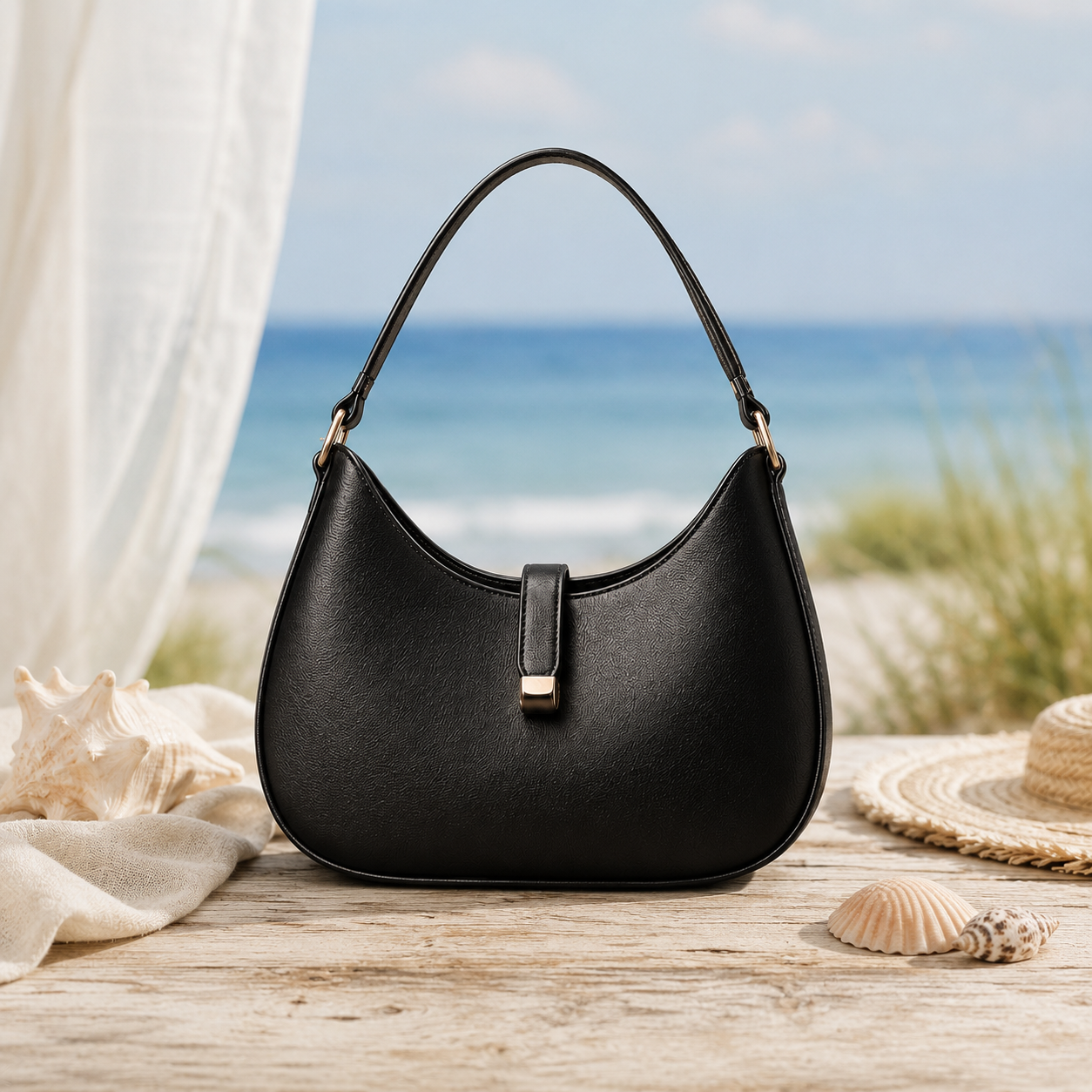 Black Crescent Shoulder Bag – Minimalist Half-Moon Purse with Gold-Tone Accent Hardware