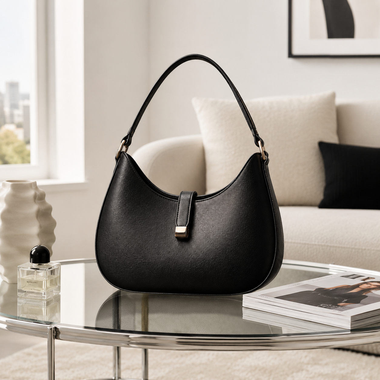 Black Crescent Shoulder Bag – Minimalist Half-Moon Purse with Gold-Tone Accent Hardware