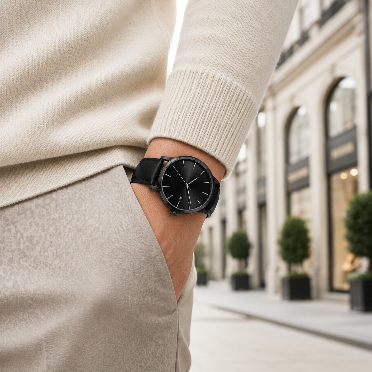 Luxury-Inspired Black Minimalist Watch – Sleek Leather Strap Wristwatch with Sunburst Dial & Date Display