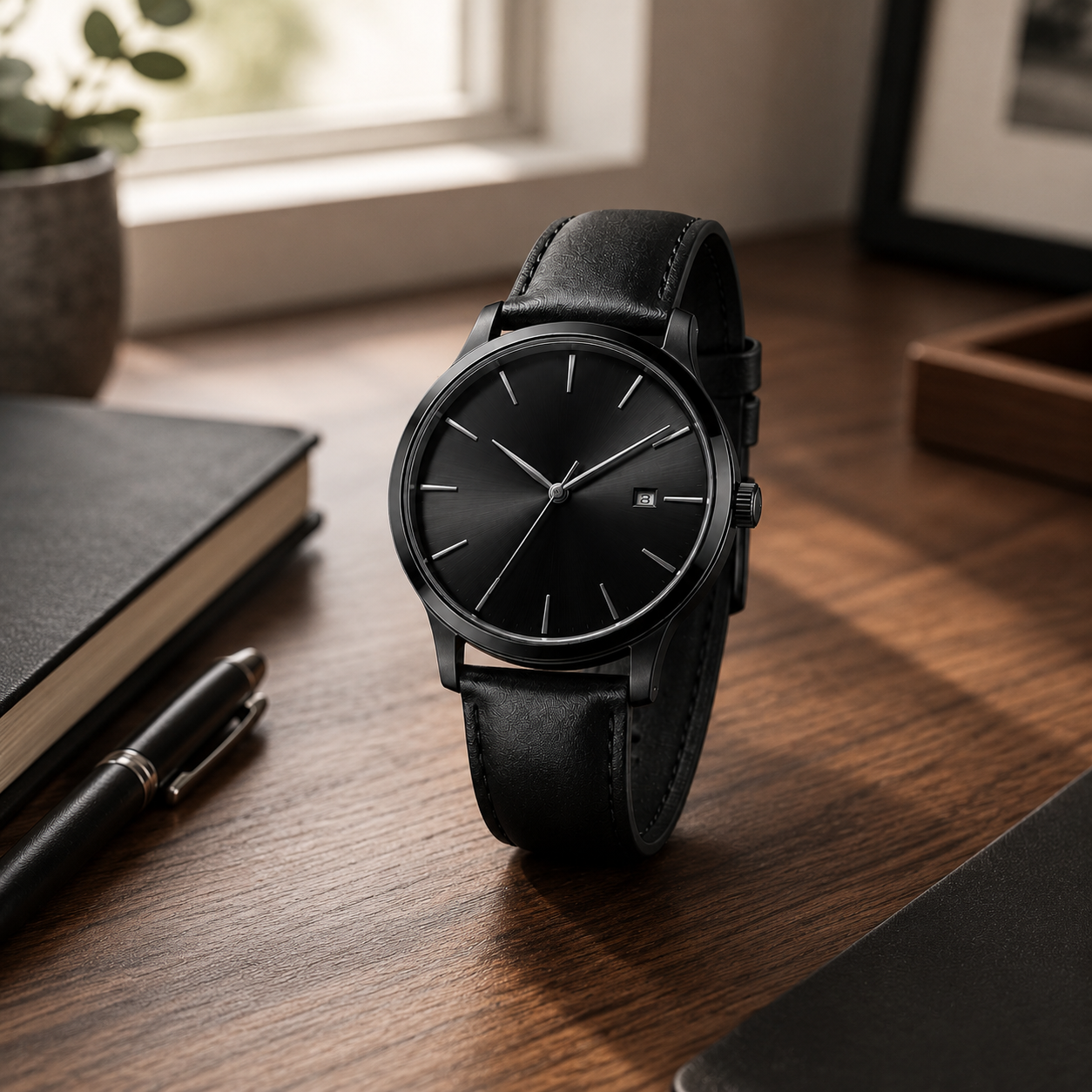Luxury-Inspired Black Minimalist Watch – Sleek Leather Strap Wristwatch with Sunburst Dial & Date Display