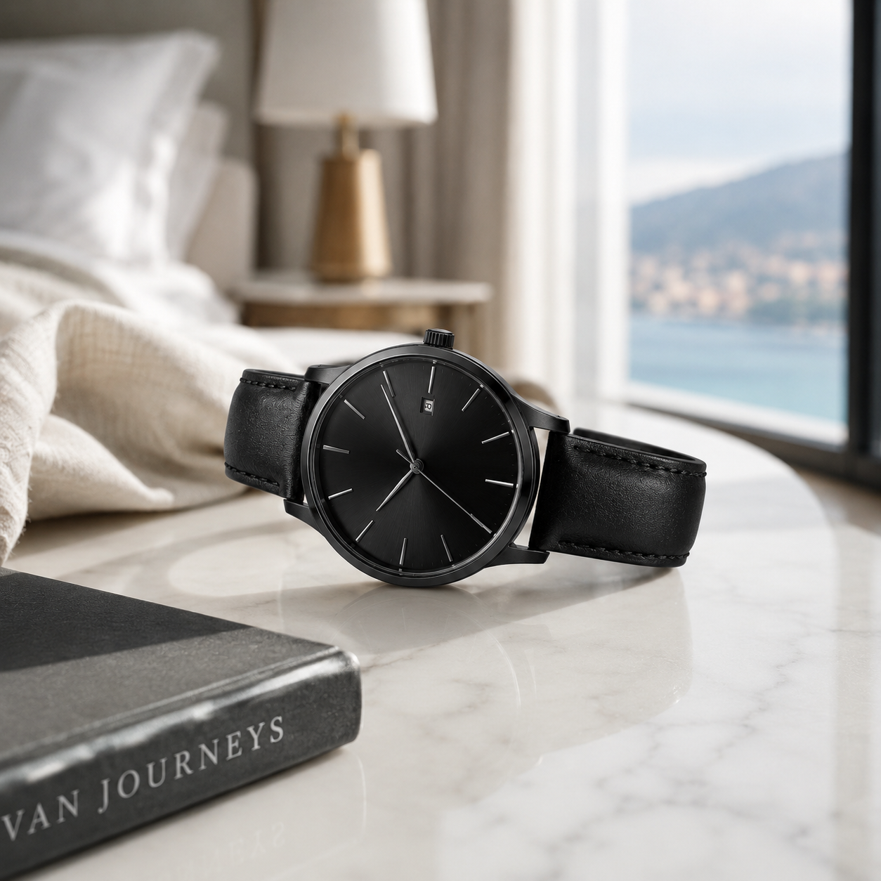 Luxury-Inspired Black Minimalist Watch – Sleek Leather Strap Wristwatch with Sunburst Dial & Date Display