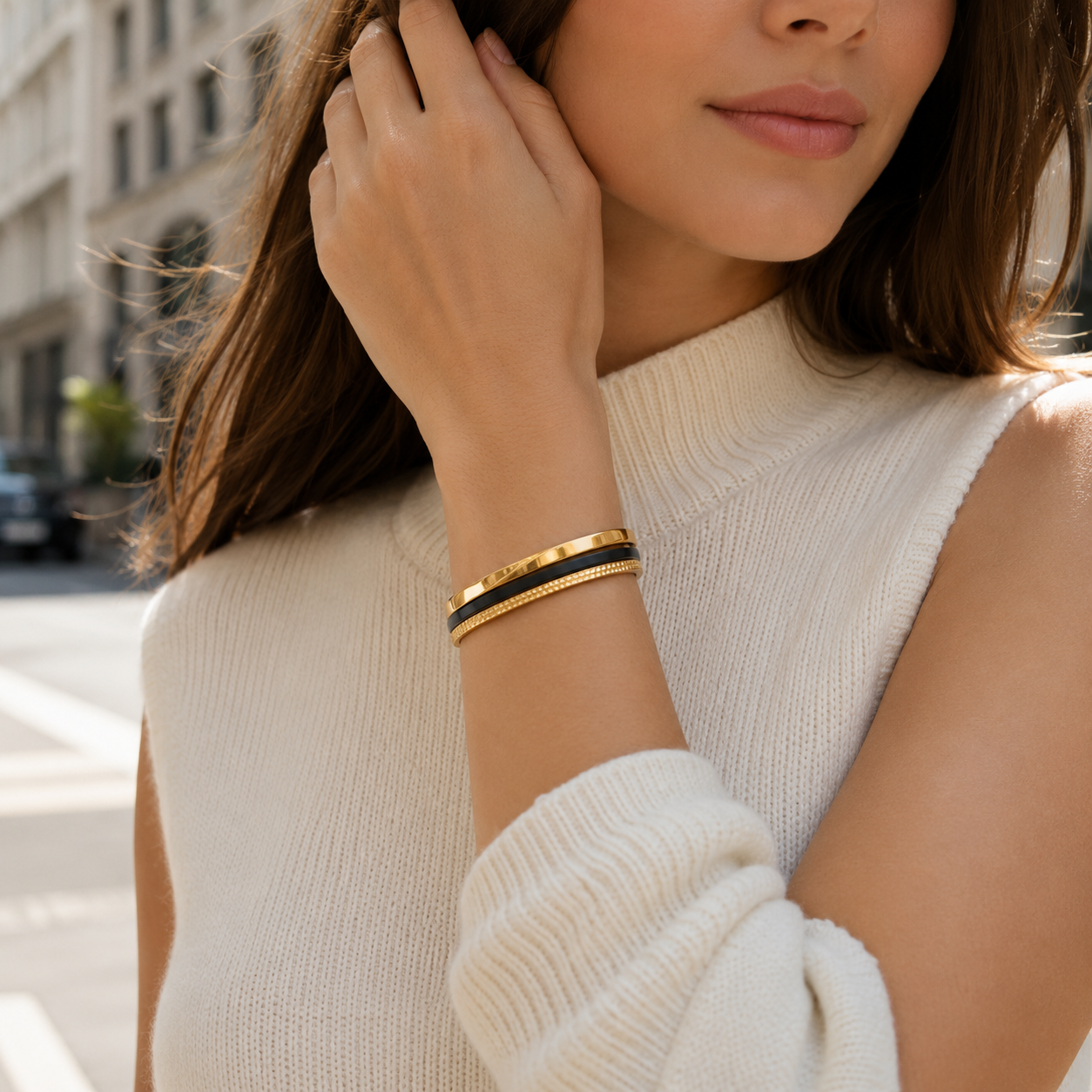 Gold & Black Layered Cuff Bracelet – Luxury-Inspired Open Bangle with Textured Statement Detail