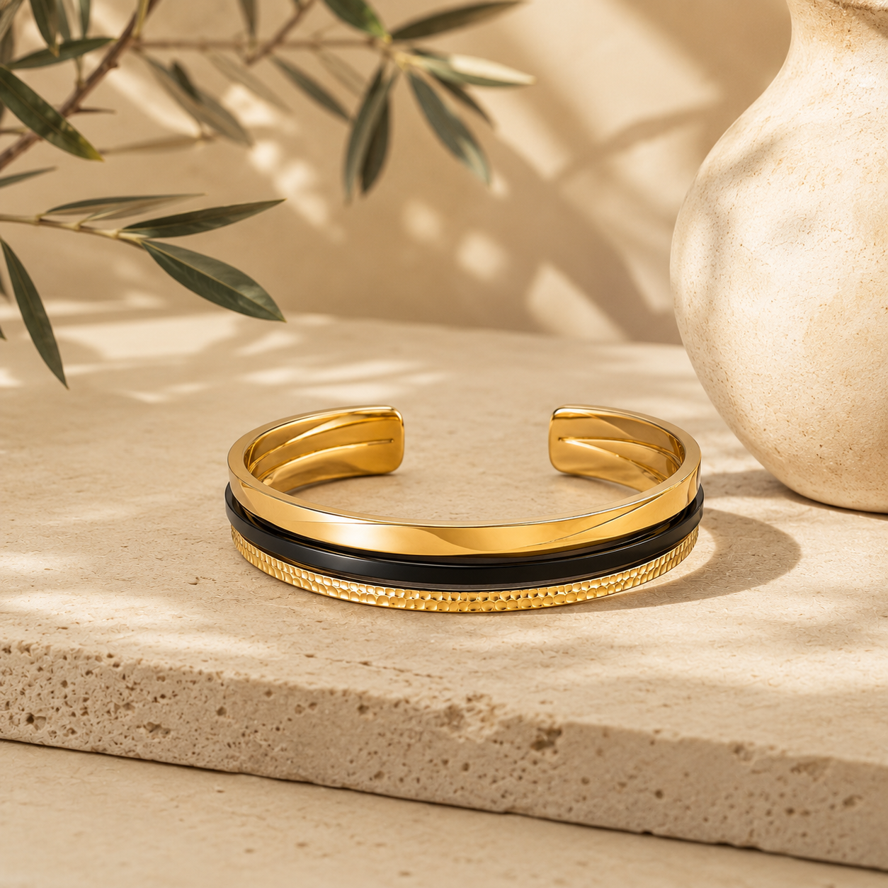 Gold & Black Layered Cuff Bracelet – Luxury-Inspired Open Bangle with Textured Statement Detail