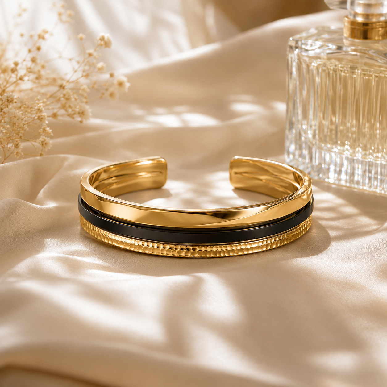 Gold & Black Layered Cuff Bracelet – Luxury-Inspired Open Bangle with Textured Statement Detail