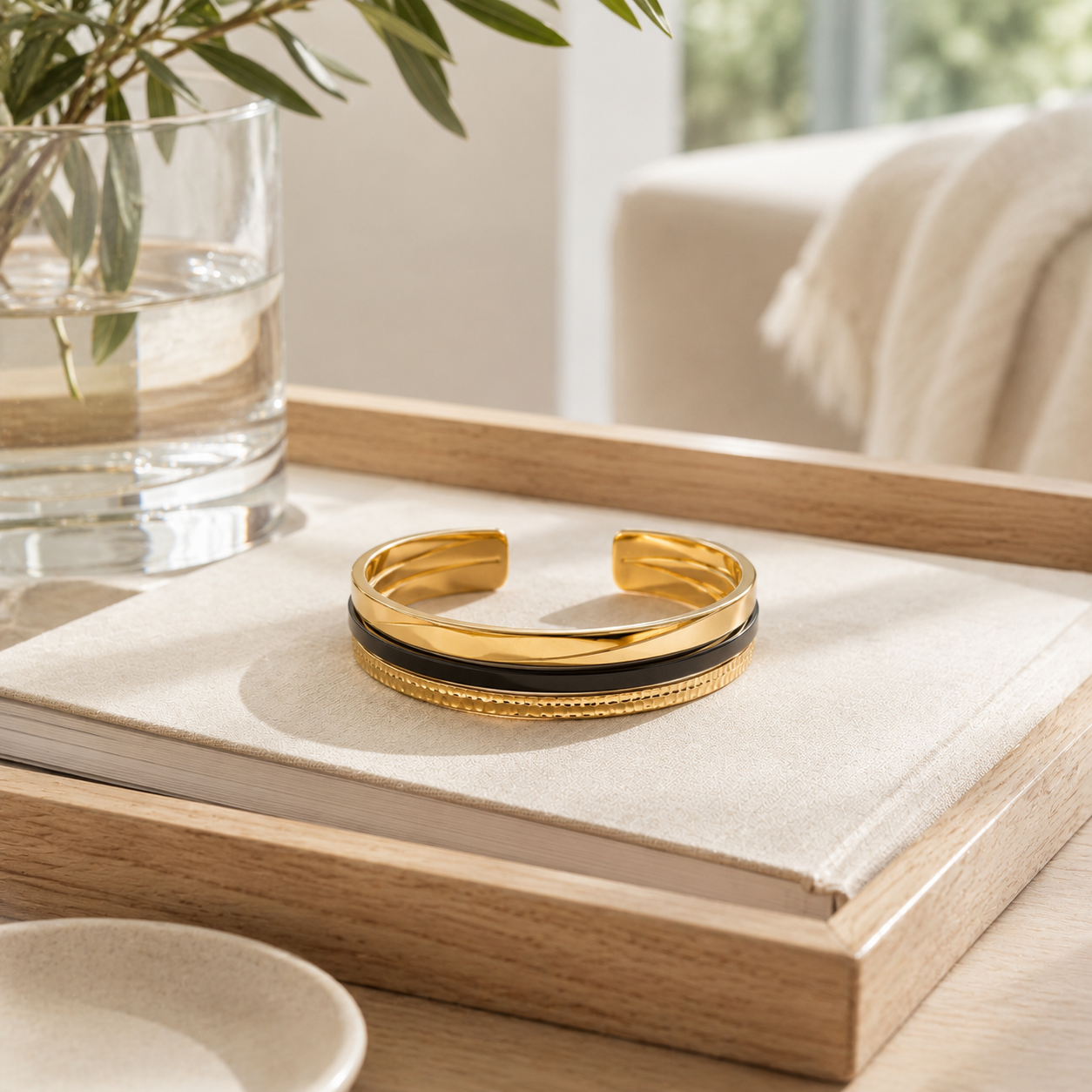 Gold & Black Layered Cuff Bracelet – Luxury-Inspired Open Bangle with Textured Statement Detail