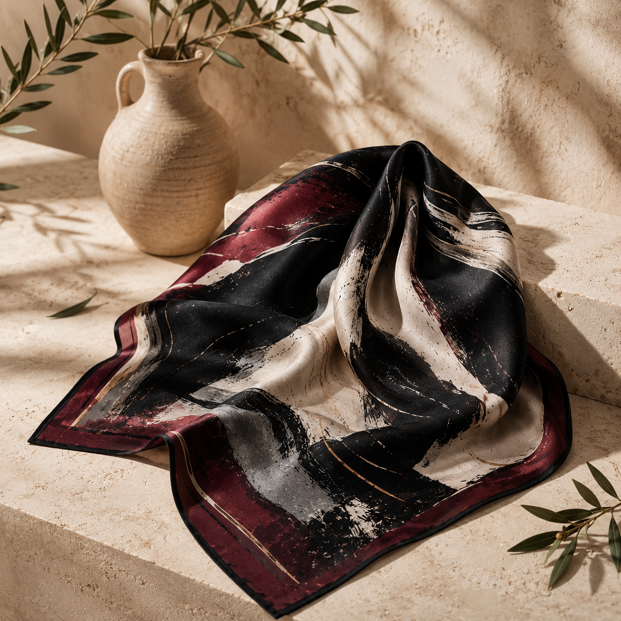 Abstract Satin Square Scarf – Black Burgundy & Cream Printed Neck Scarf for Chic Everyday Styling