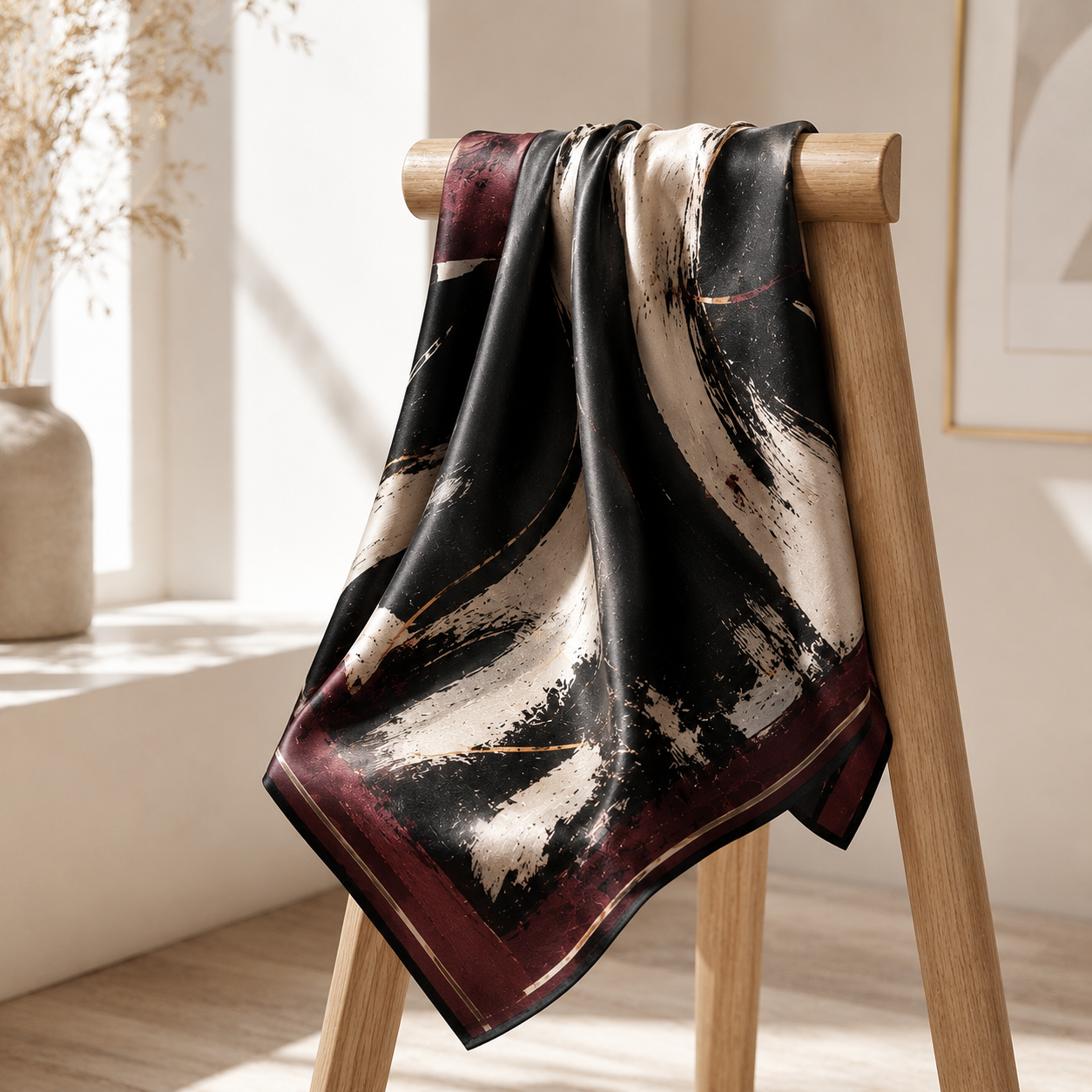 Abstract Satin Square Scarf – Black Burgundy & Cream Printed Neck Scarf for Chic Everyday Styling