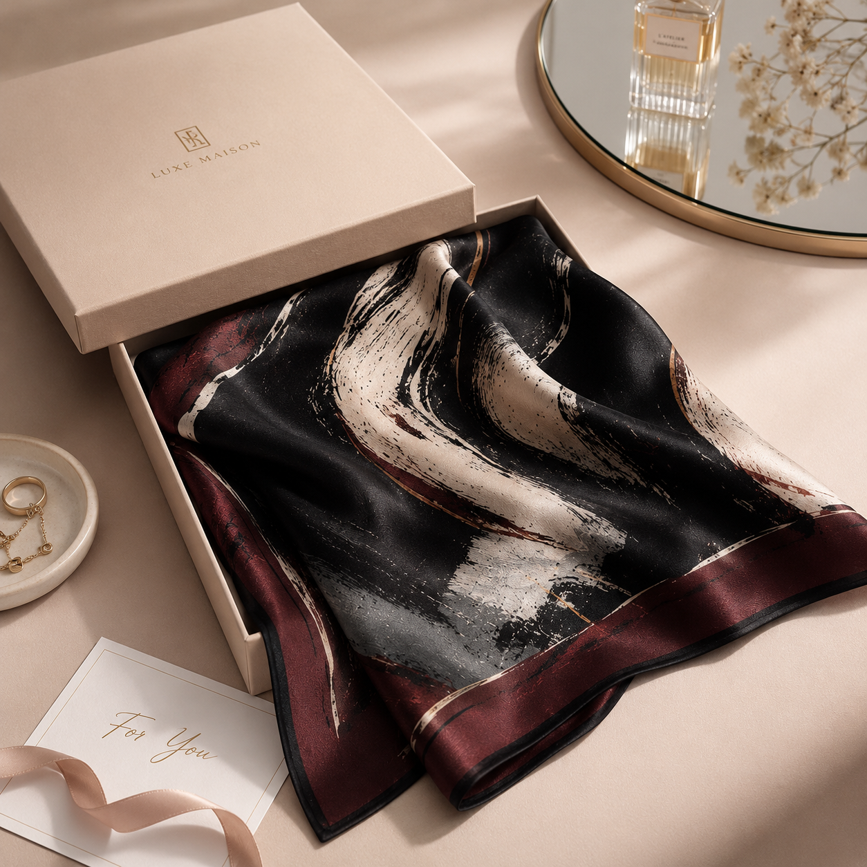 Abstract Satin Square Scarf – Black Burgundy & Cream Printed Neck Scarf for Chic Everyday Styling