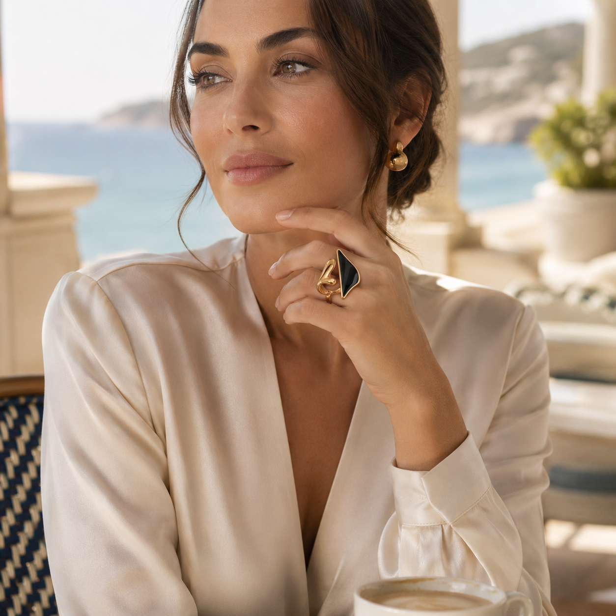 Gold & Black Sculptural Statement Ring – Modern Abstract Open Ring with Glossy Black Stone Accent