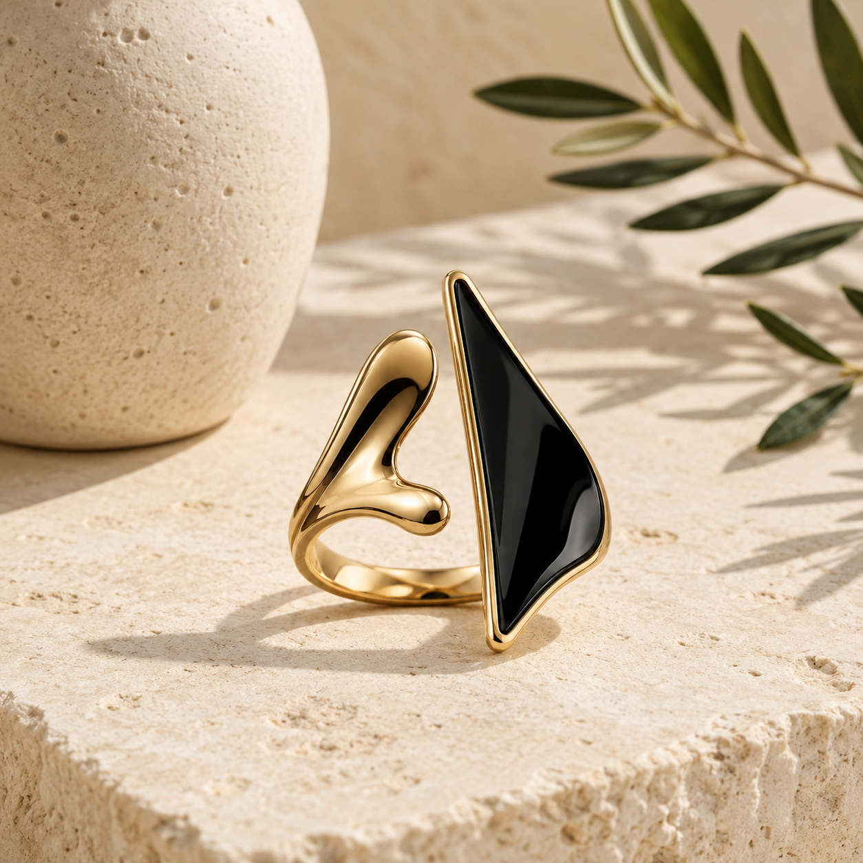 Gold & Black Sculptural Statement Ring – Modern Abstract Open Ring with Glossy Black Stone Accent