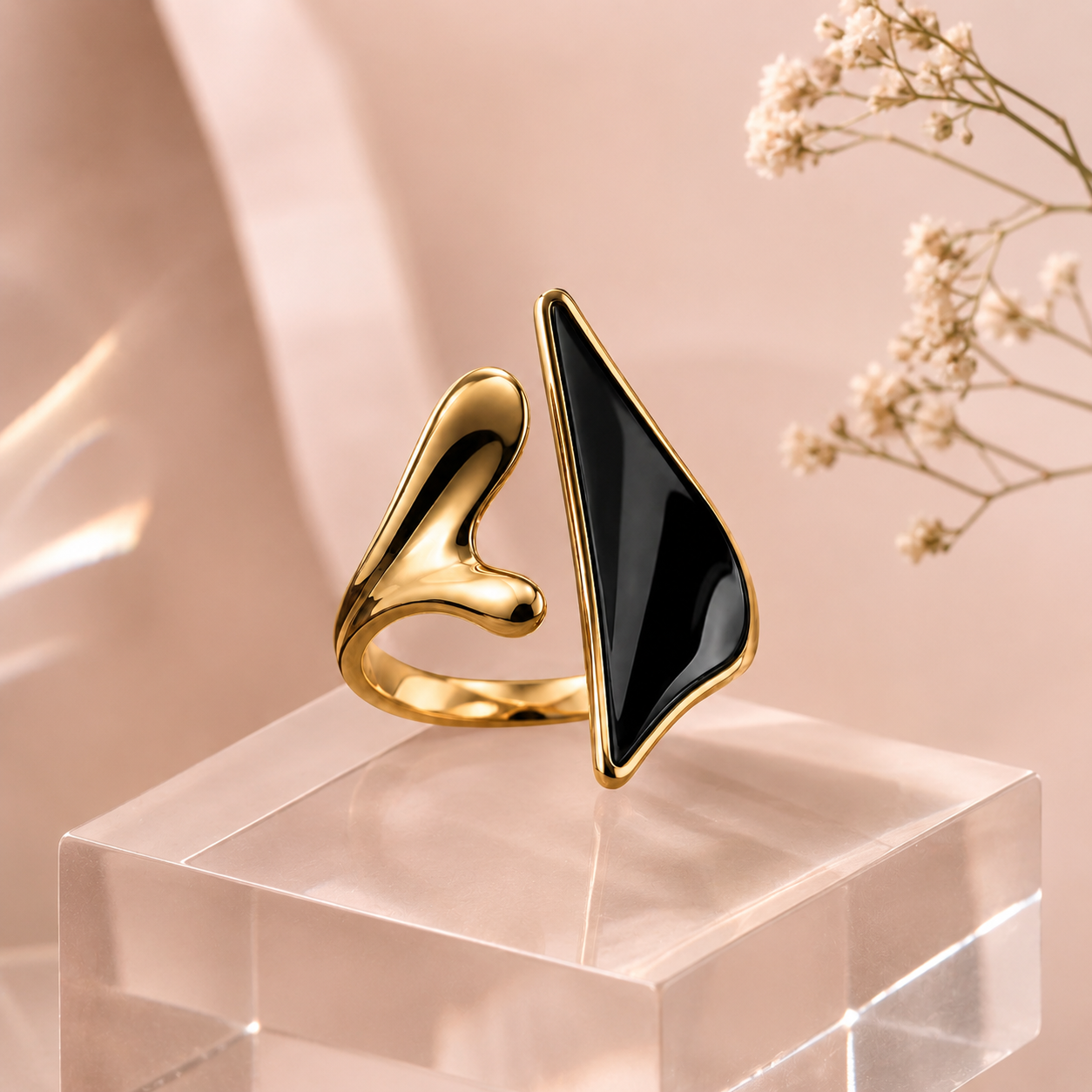 Gold & Black Sculptural Statement Ring – Modern Abstract Open Ring with Glossy Black Stone Accent