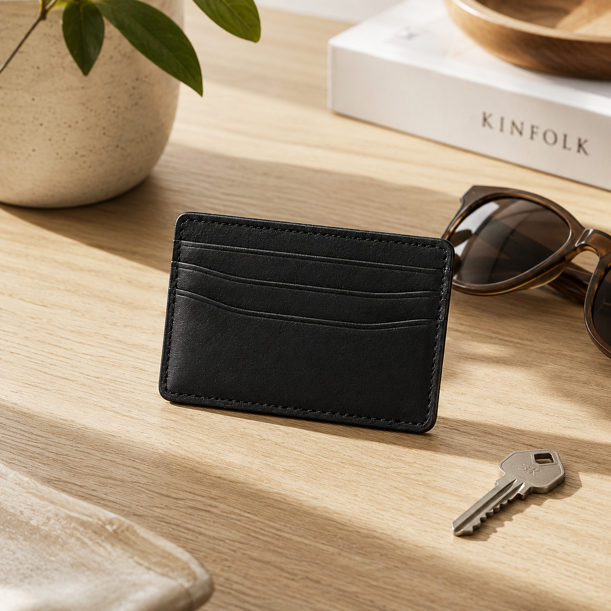 Slim Black Leather Card Holder – Minimalist Front Pocket Wallet for Travel & Everyday Carry