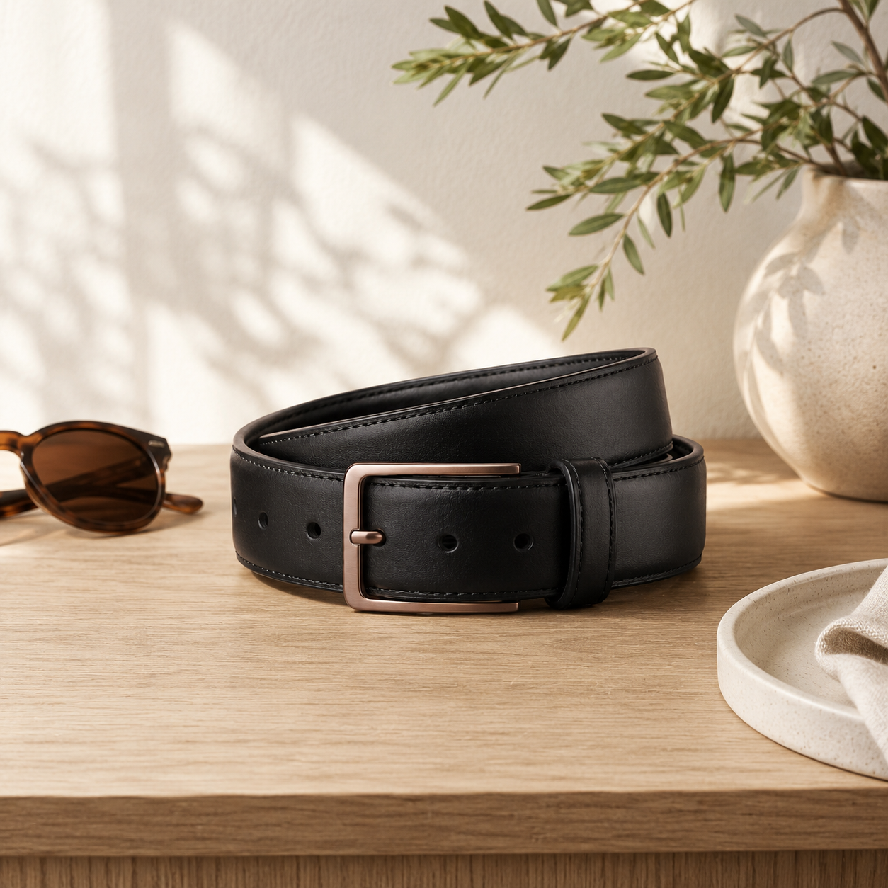 Black Leather-Look Everyday Belt – Minimalist Waist Belt with Rose Gold-Tone Buckle for Polished Casual & Dress Styling
