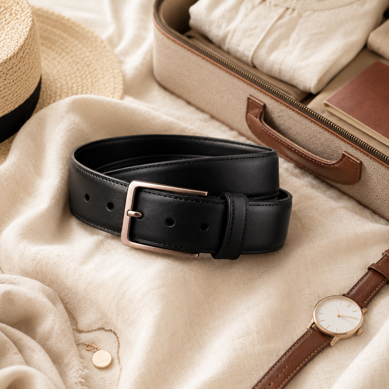 Black Leather-Look Everyday Belt – Minimalist Waist Belt with Rose Gold-Tone Buckle for Polished Casual & Dress Styling