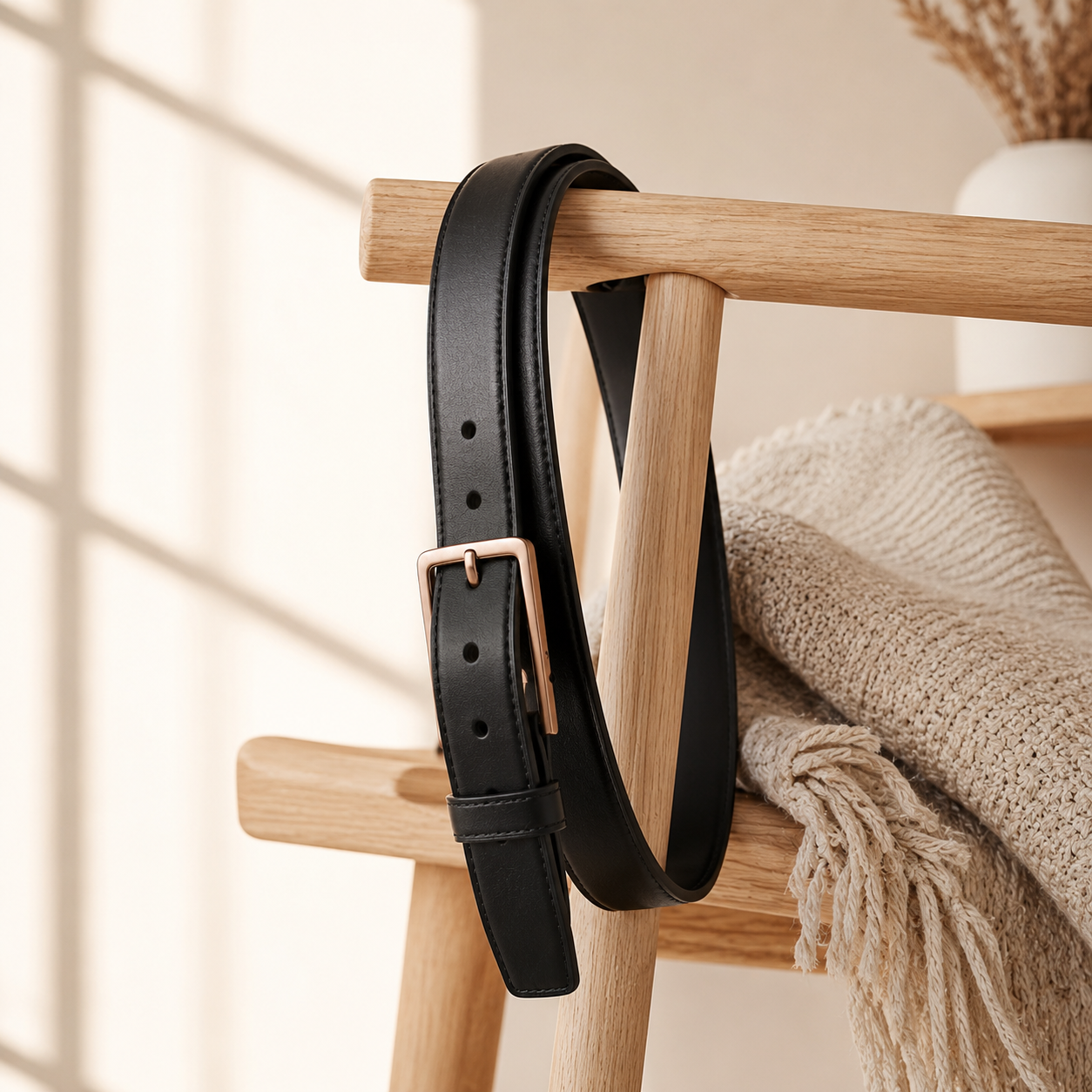 Black Leather-Look Everyday Belt – Minimalist Waist Belt with Rose Gold-Tone Buckle for Polished Casual & Dress Styling